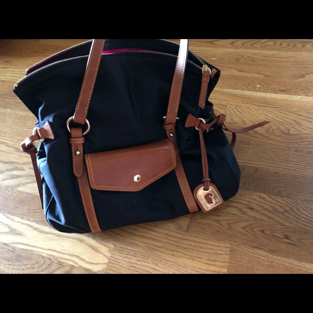 Dooney & Bourke bag (navy), bright pink interior